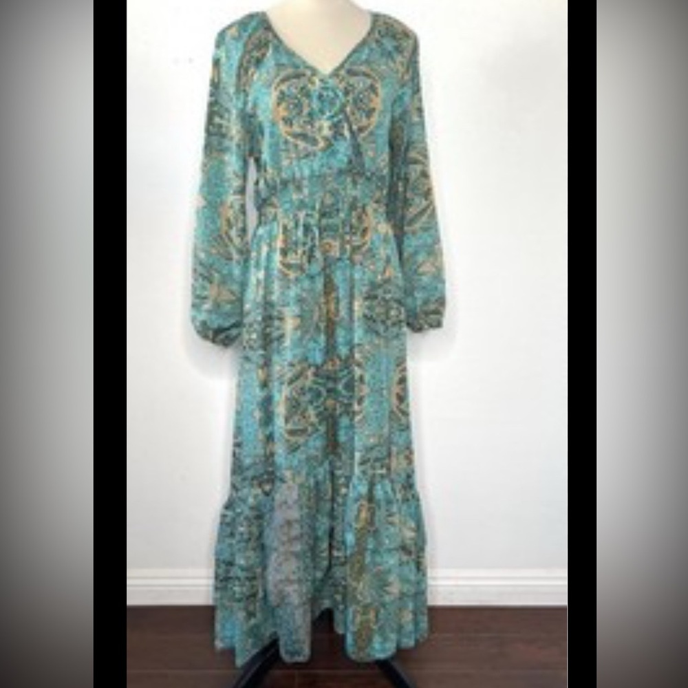 Anthropology Boemo Chic Long Sleeve Teal and Gold Dress Sz S